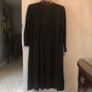 Eileen Fisher Petite L long black lightweight wool cardigan.